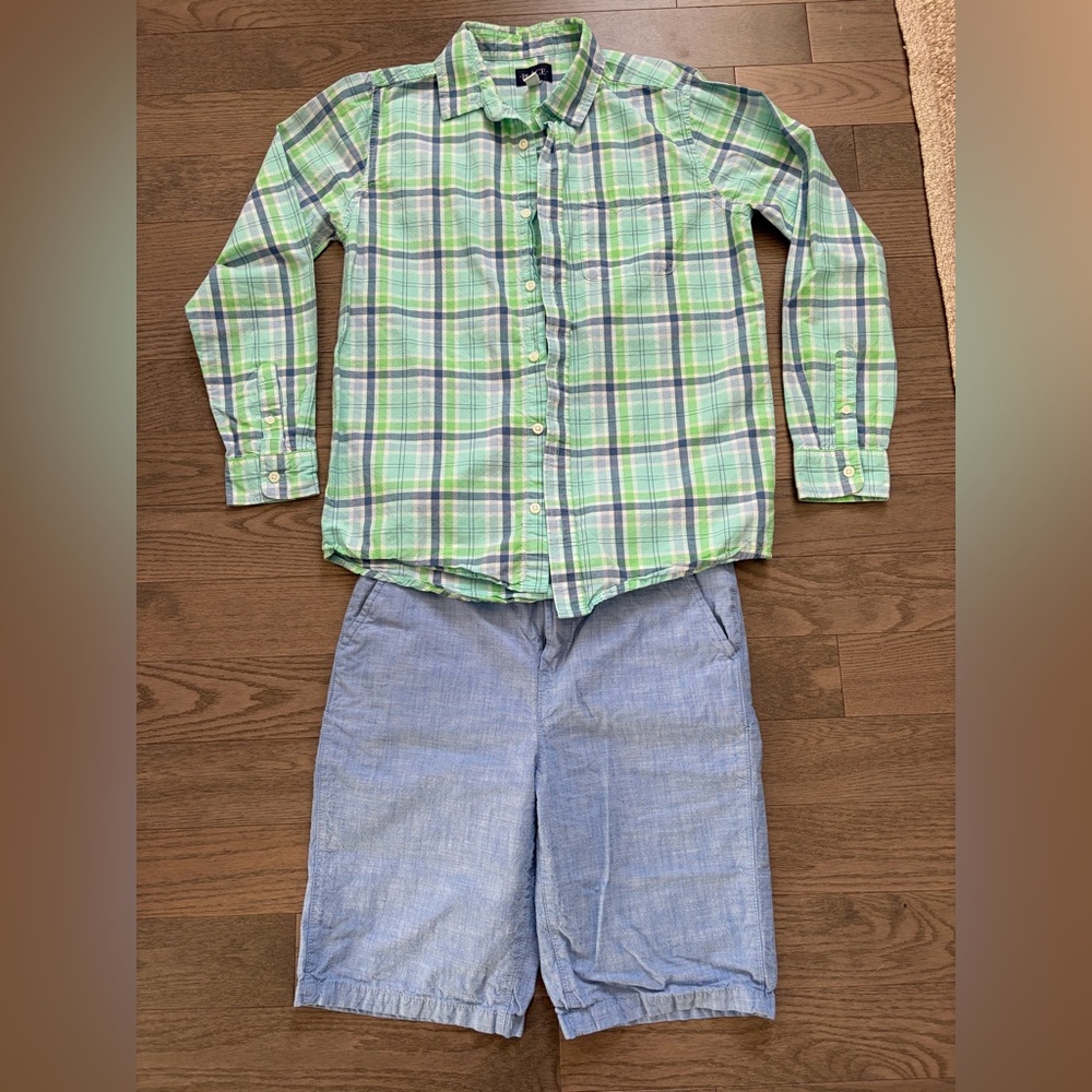 Green Plaid Shirt and Blue Shorts Set